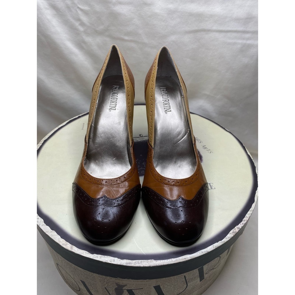 Franco Fortini Brown and Tan Leather Wingtip Oxfords Chunky High Heel 9.5